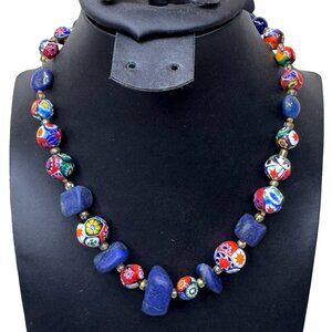 Vintage Lampwork Colorful Millefiori Chunky Beaded Necklace Statement 16" Collar